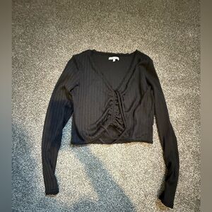 Reformation Black Ribbed Long Sleeve Tie Women's Top